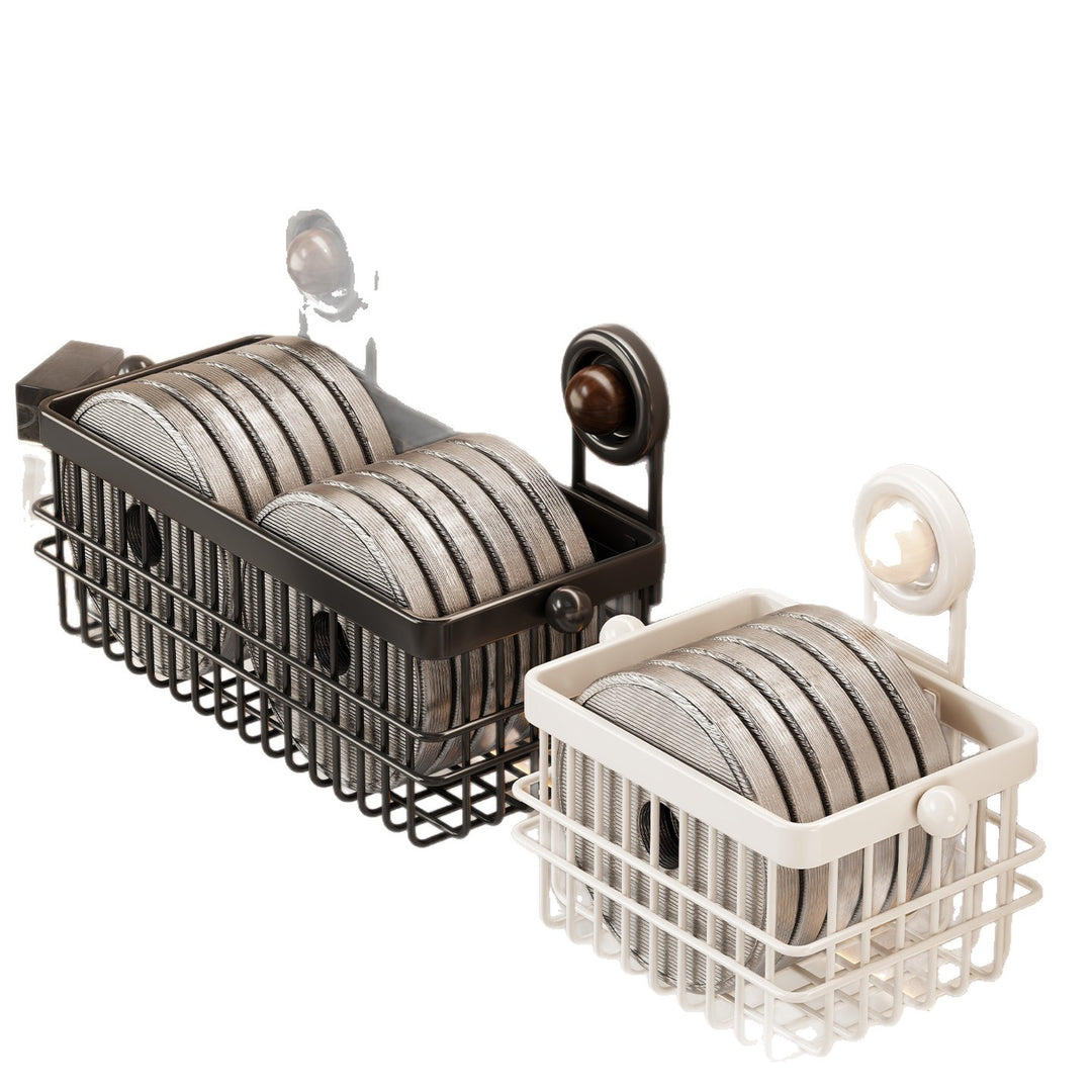 Suction-Mounted Rectangular Bathroom Vanity Organizer Basket with Drainage Grid and Removable Cup