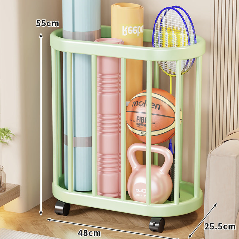 Vertical Rolling Sports Gear Storage Organizer with Cylindrical Metal Bar Frame and Casters