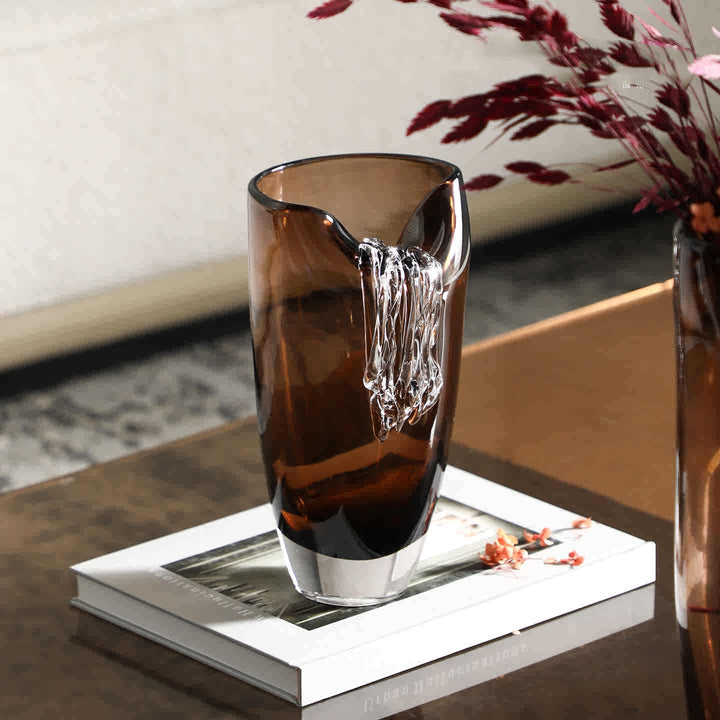 Handmade Sculptural Tall Glass Vase with Drip Accent