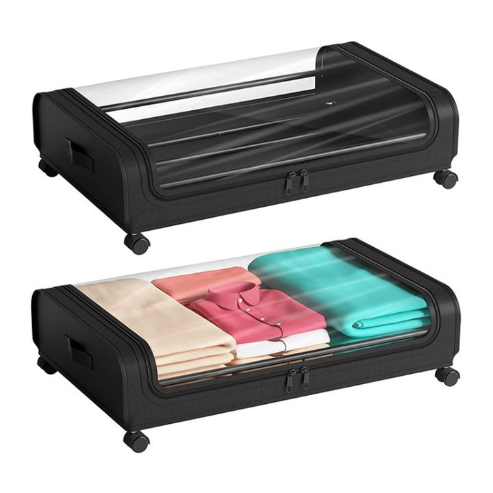 Storage box with wheels and transparent lid