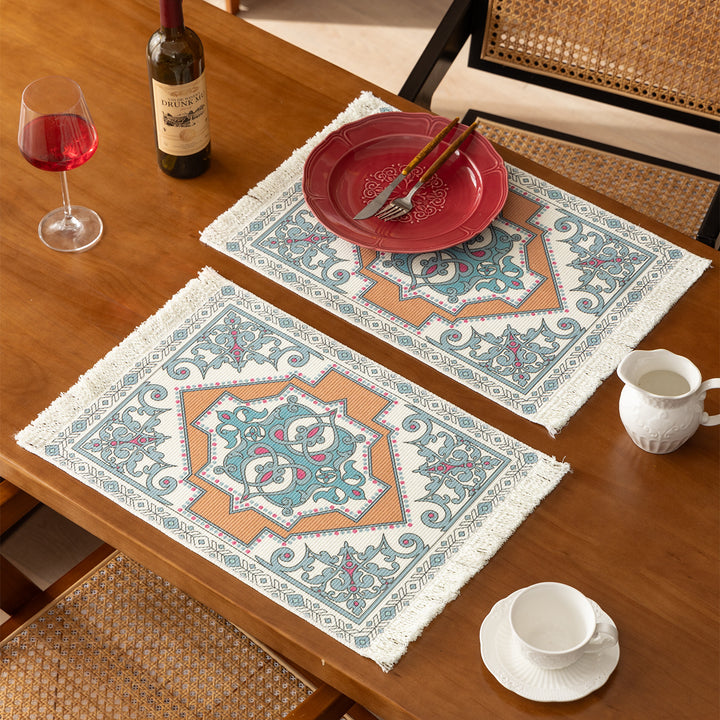 Rectangular short-pile rug in oriental medallion design with fringes