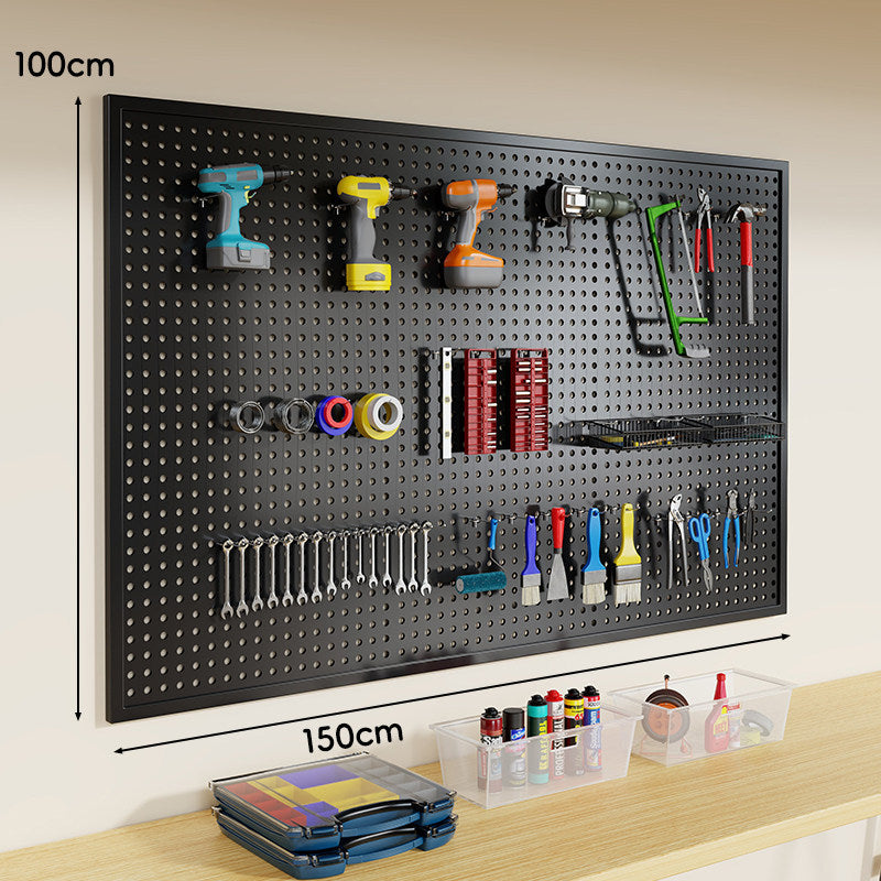 Wall-Mounted Perforated Metal Tool Pegboard Organizer Panel with Modular Hooks and Wire Baskets