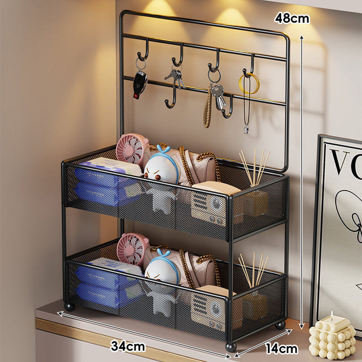 Mesh Two-Tier Entryway Organizer with Key Hooks and Deep Mesh Baskets