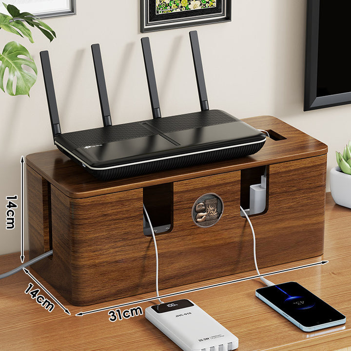 Wooden Cable Organizer Box with Router Top Shelf and Multi-Compartment Charging Station