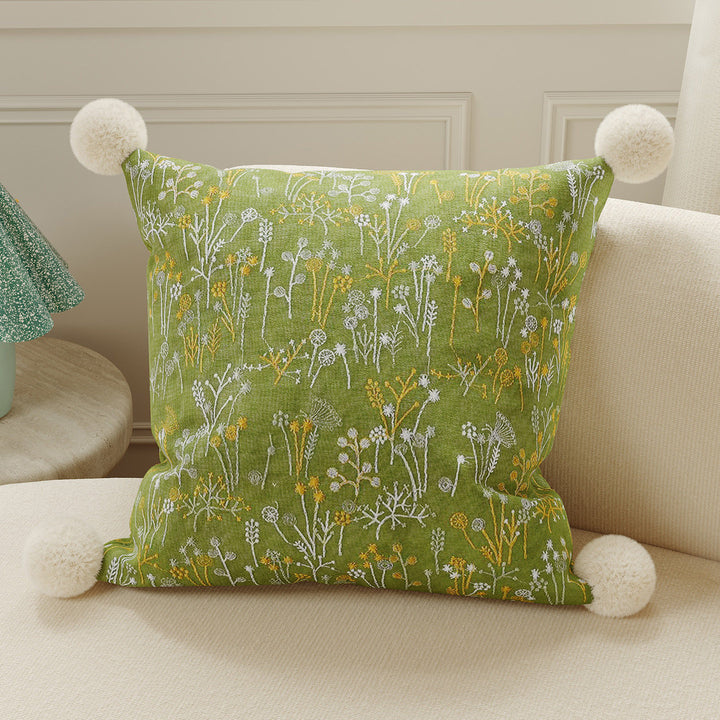 Hand-Embroidered Wildflower Velvet Decorative Pillow Cover with Plush Pom-Pom Corners