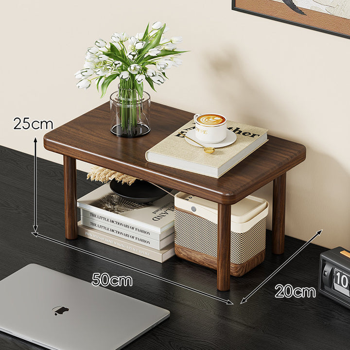 Compact Solid Wood Elevated Desk Display Stand with Under-Shelf Storage and Rounded Leg Design
