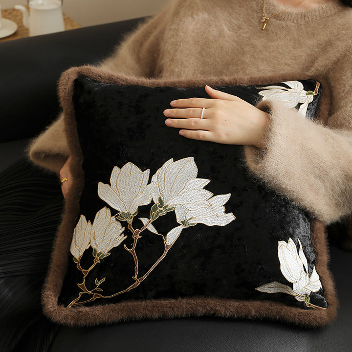 Square velvet decorative pillowcase with magnolia embroidery and faux fur trim