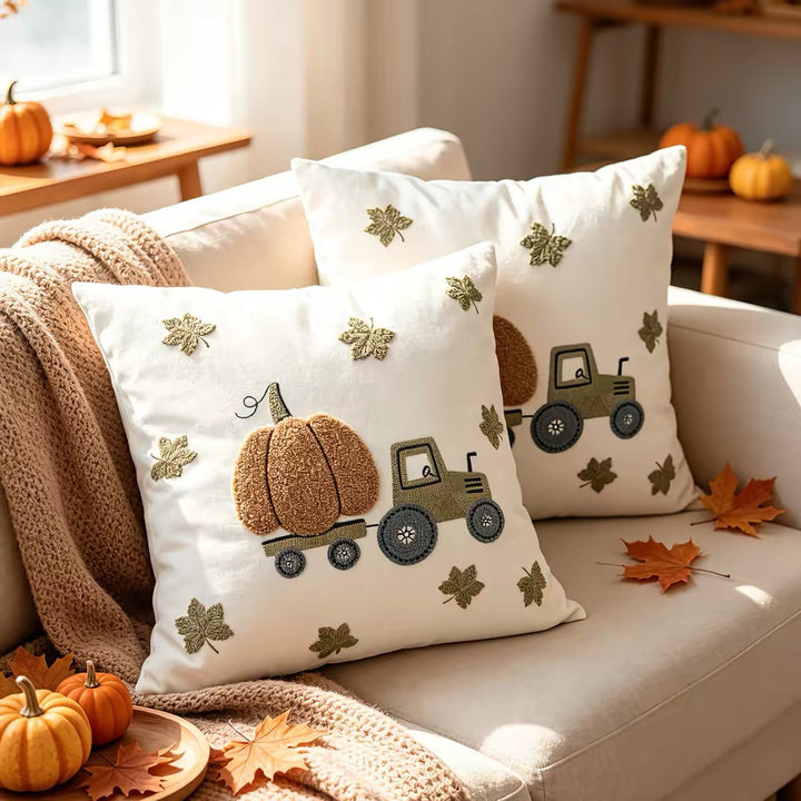 Whimsical Pumpkin Truck Throw Pillow