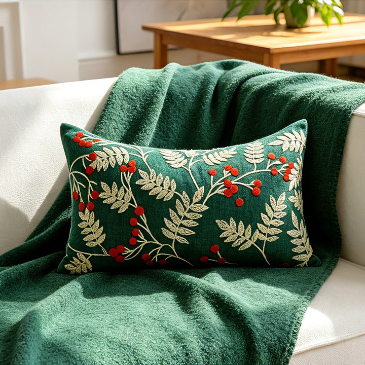 Holiday Holly Embroidered Velveteen Throw Pillow with Pom Berry Accents