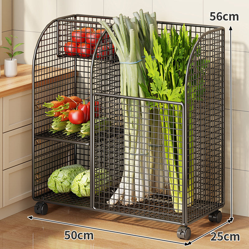 Rolling Metal Mesh Produce Storage Cart with Tall Vertical Compartment and Removable Shelves