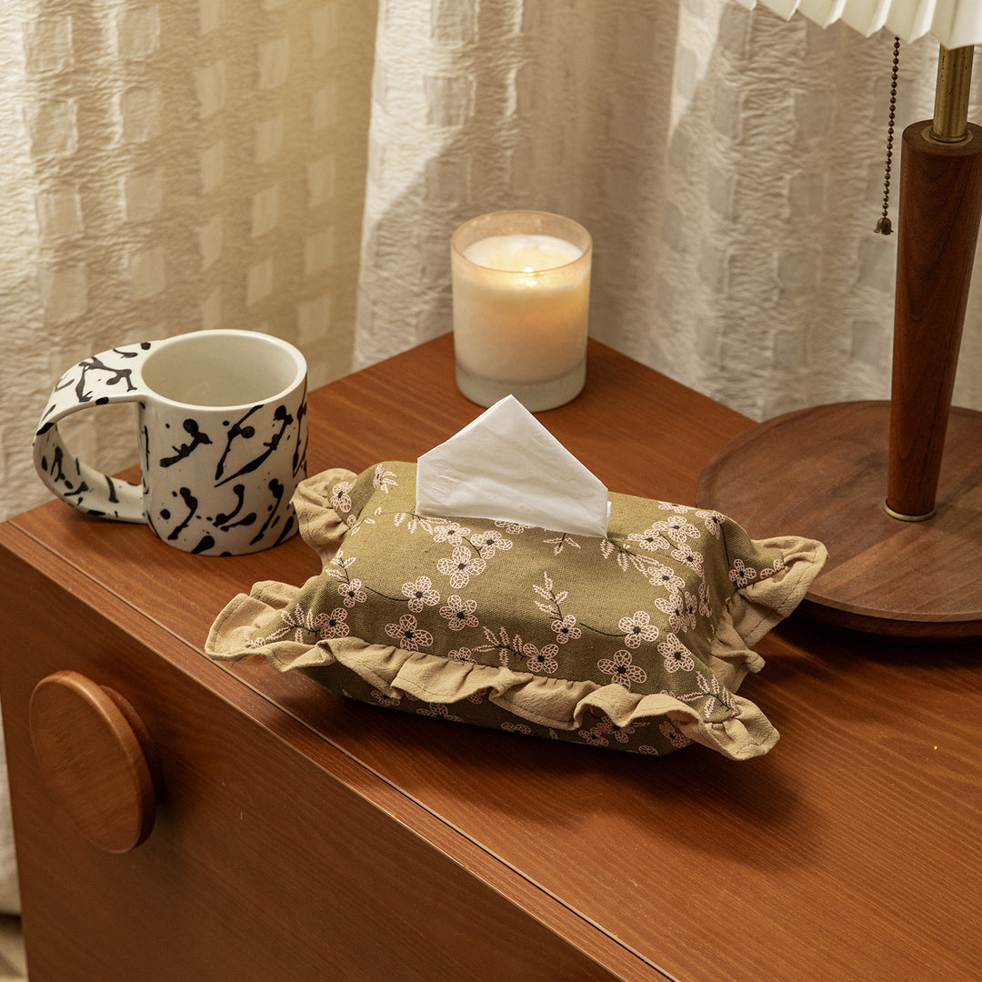 Embroidered fabric tissue box cover with ruffle and concealed zipper