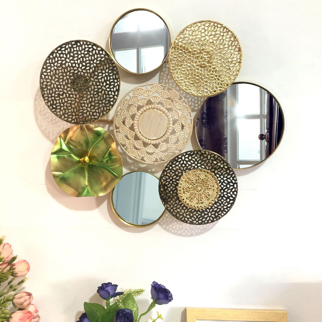 Decorative Metal Wall Art with Tropical Leaf and Mirror Design