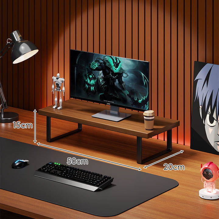 Elevated Wooden Monitor Riser Stand with Metal Bracket Legs and Cable-Friendly Desktop Shelf