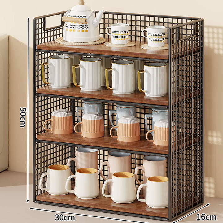 Three-Tier Wire Grid Countertop Display Shelf with Faux-Wood Removable Trays