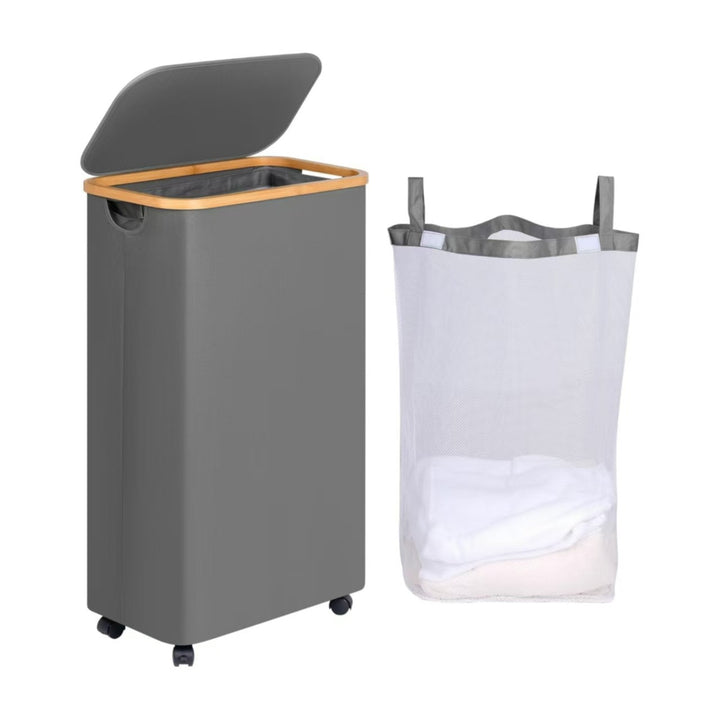 High-quality laundry container with bamboo lid and practical carrying handle