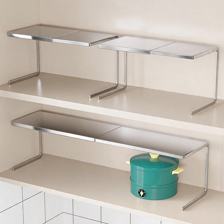 Compact Space-Saving Kitchen Countertop Pot and Pan Organizer Shelf Riser
