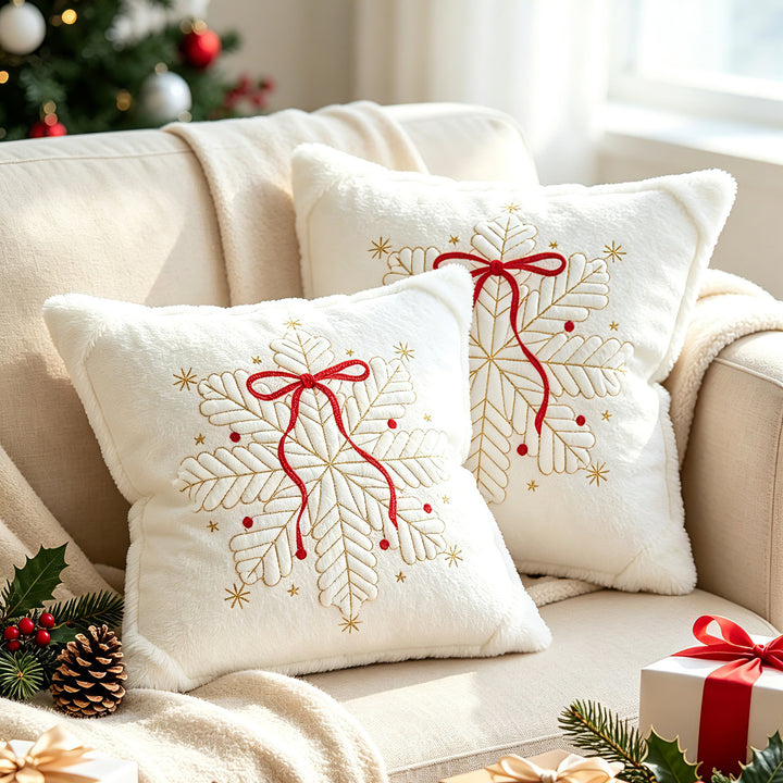 Festive Embroidered Faux-Fur Holiday Throw Pillow