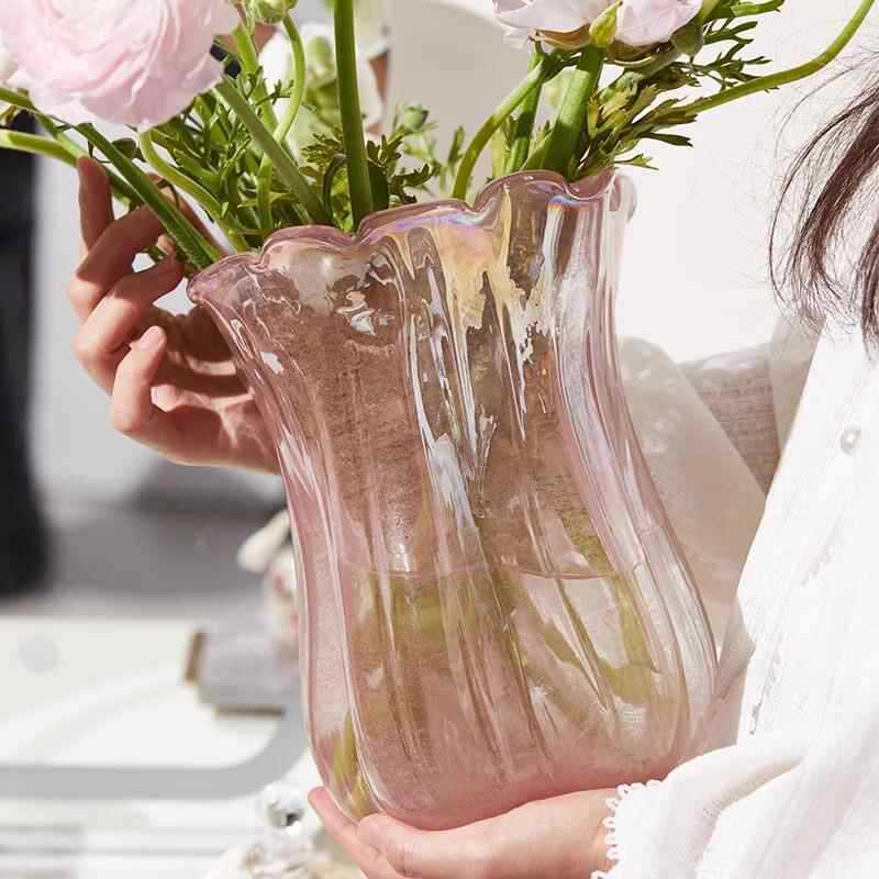 Handcrafted Iridescent Ribbed Tulip-Shaped Glass Vase