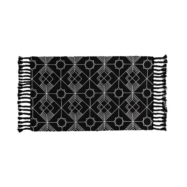 Flat-woven entrance runner made of cotton blend with geometric tile pattern and fringes