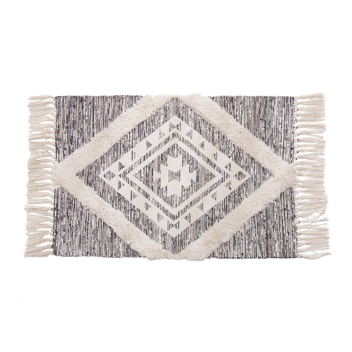 decorative woven bathroom runner with botanical jacquard pattern and fringes