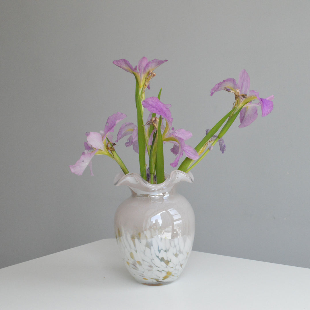 Hand-Blown Ruffled-Rim Art Glass Decorative Vase with Speckled Overlay