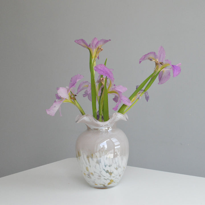 Hand-Blown Ruffled-Rim Art Glass Decorative Vase with Speckled Overlay