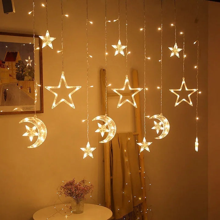 LED Acrylic Hanging Christmas Curtain Light Set with Reindeer Tree Bell and Star Ornaments
