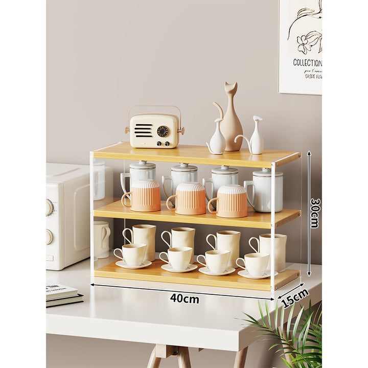Multi-Level Bamboo-Style Countertop Kitchen Mug and Canister Organizer Shelf with Open Wood Shelves and Slim Metal Frame