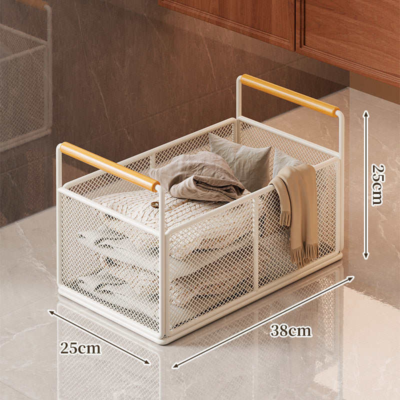 Compact Mesh Rolling Storage Cart with Wooden Handles