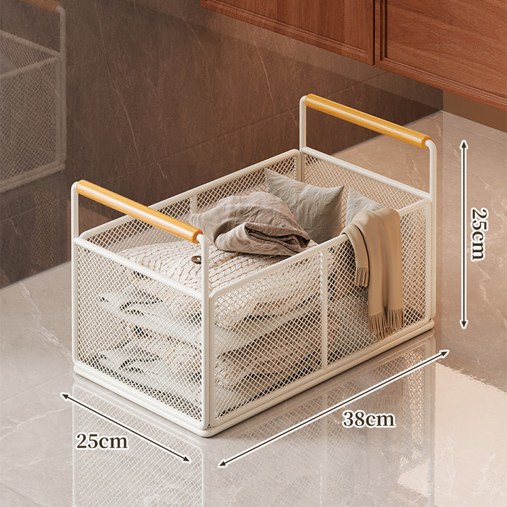 Compact Mesh Rolling Storage Cart with Wooden Handles