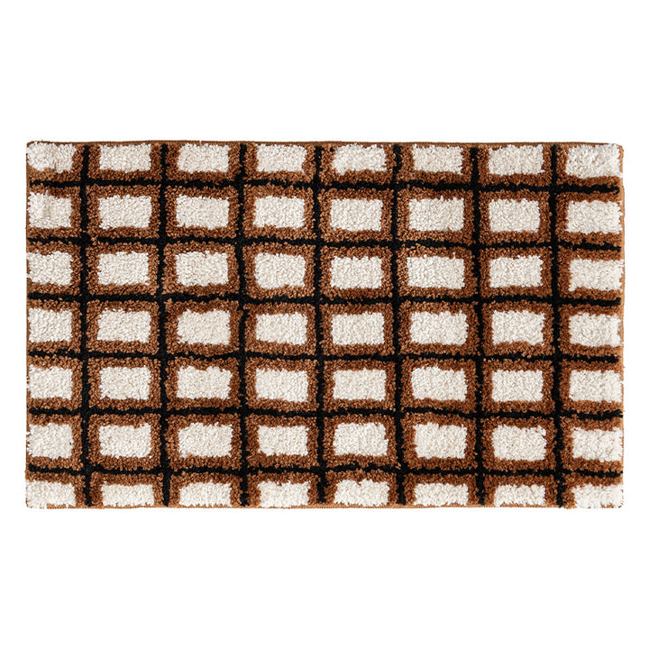 Short pile bath mat with geometric check pattern and non-slip backing