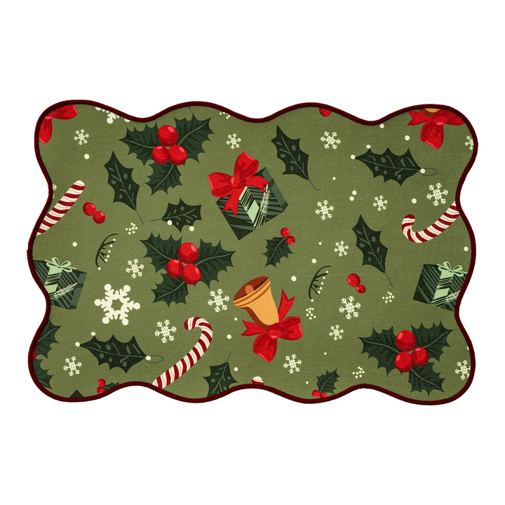 Wipeable Christmas table mat with wavy edge, non-slip bottom and festive pattern