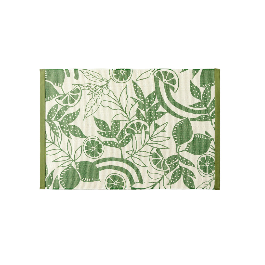 Woven table runner with floral vinyl print look and reinforced overlock stitching