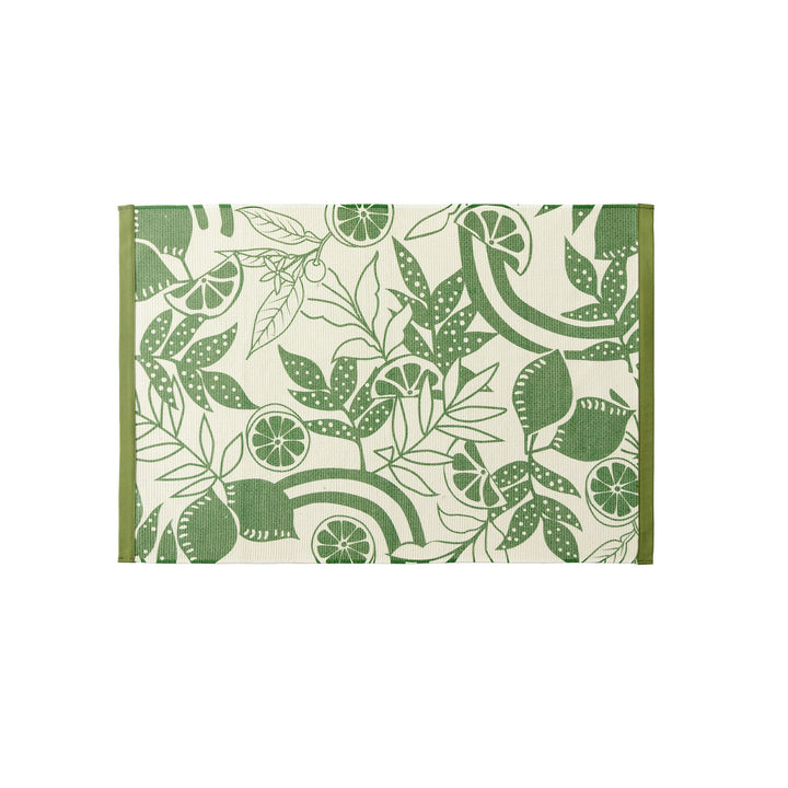 Woven table runner with floral vinyl print look and reinforced overlock stitching