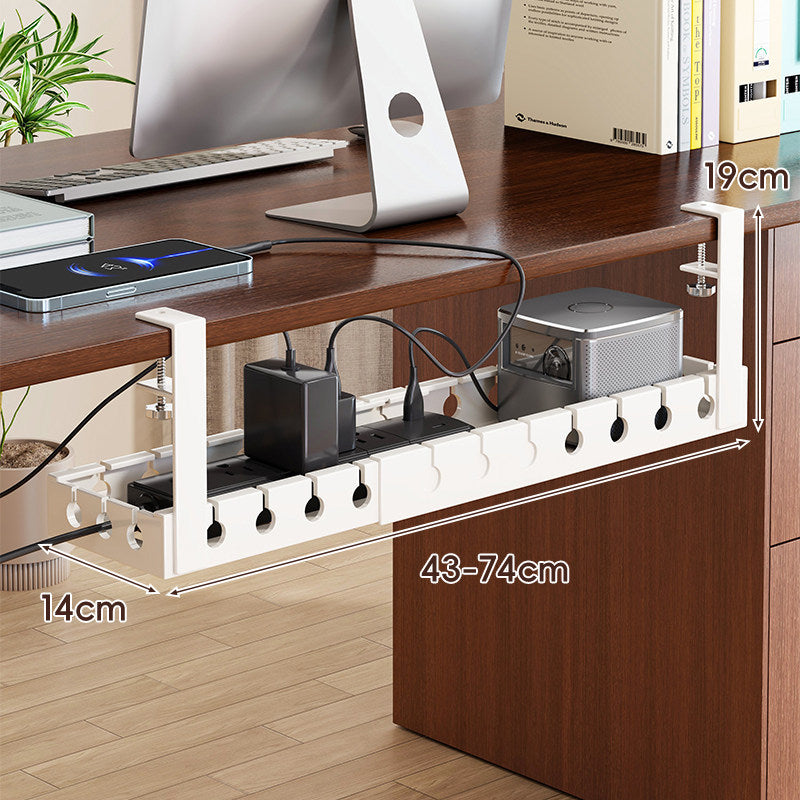 Adjustable Under-Desk Power Strip and Cable Organizer Tray with Clamp Mount and Cord Management