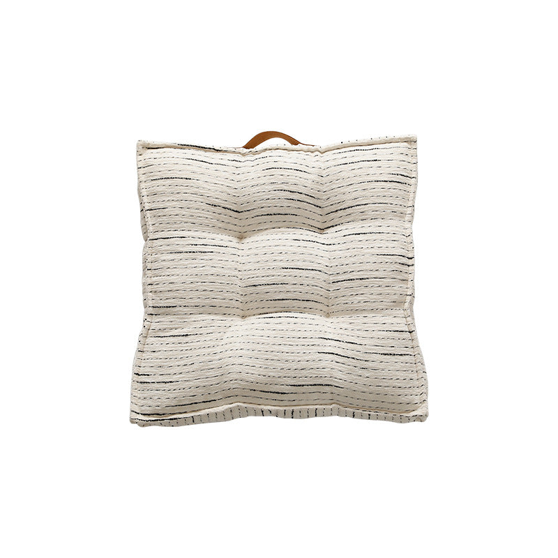 Padded square seat and floor cushion with quilted tufted padding and carrying handle