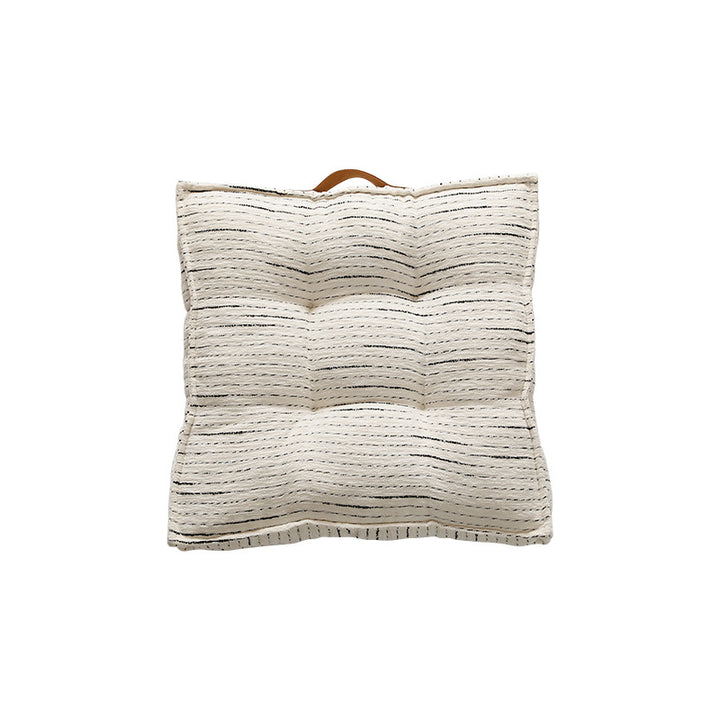 Padded square seat and floor cushion with quilted tufted padding and carrying handle