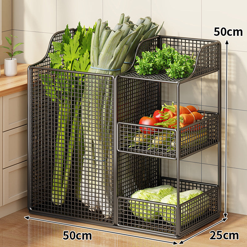 Rolling Metal Mesh Produce Storage Cart with Tall Vertical Compartment and Removable Shelves