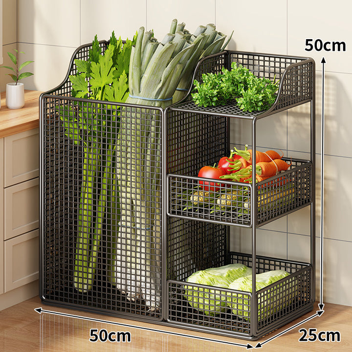 Rolling Metal Mesh Produce Storage Cart with Tall Vertical Compartment and Removable Shelves