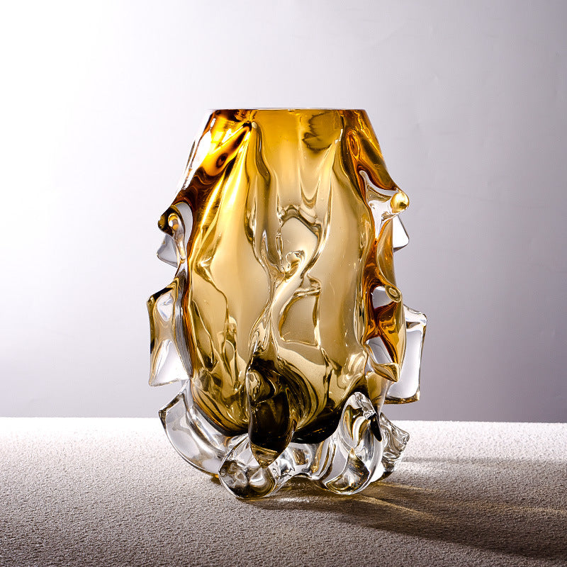 Sculptural Hand-Blown Organic Textured Art Glass Vase with Melted-Edge Pedestal