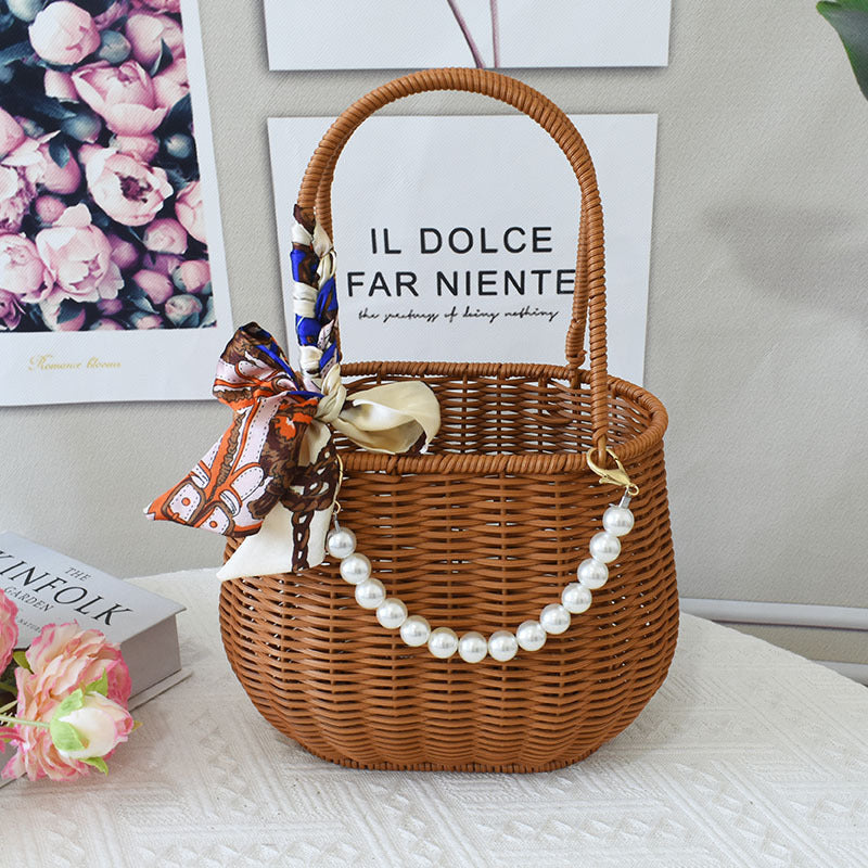 Chic Woven Handbag with Pearl Accent