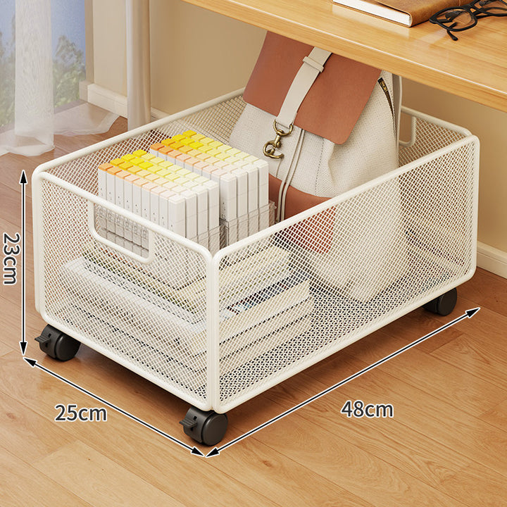 Under-Desk Mesh Rolling Storage Basket with Locking Swivel Casters and Integrated Carry Handle