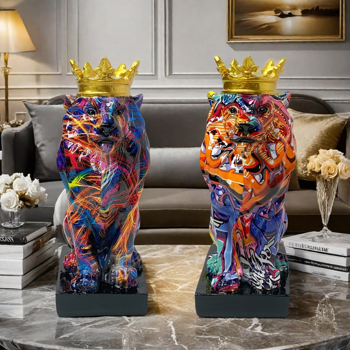 Colorful Lions Sculpture with Crown