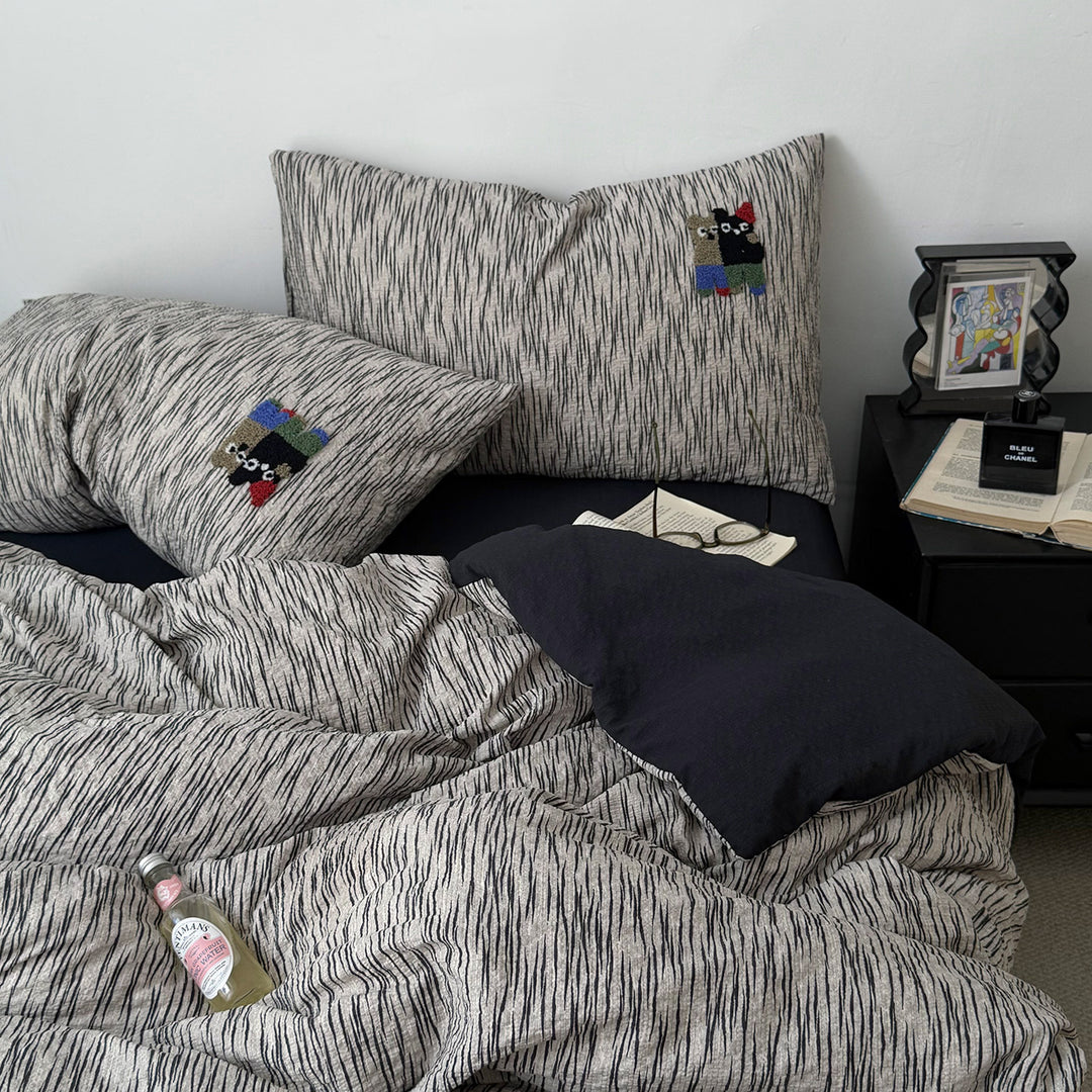 Striped Cotton Duvet Cover Set with Decorative Embroidery