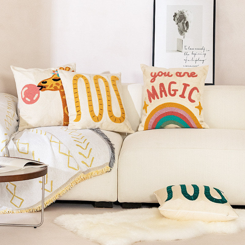 Cushion cover made of cotton-linen with hand-tufted wave pattern and concealed zipper