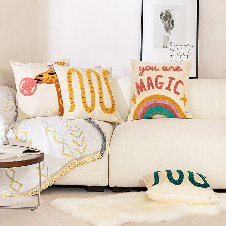 Cushion cover made of cotton-linen with hand-tufted wave pattern and concealed zipper