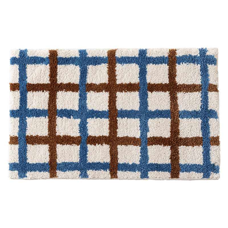 Short pile bath mat with geometric check pattern and non-slip backing
