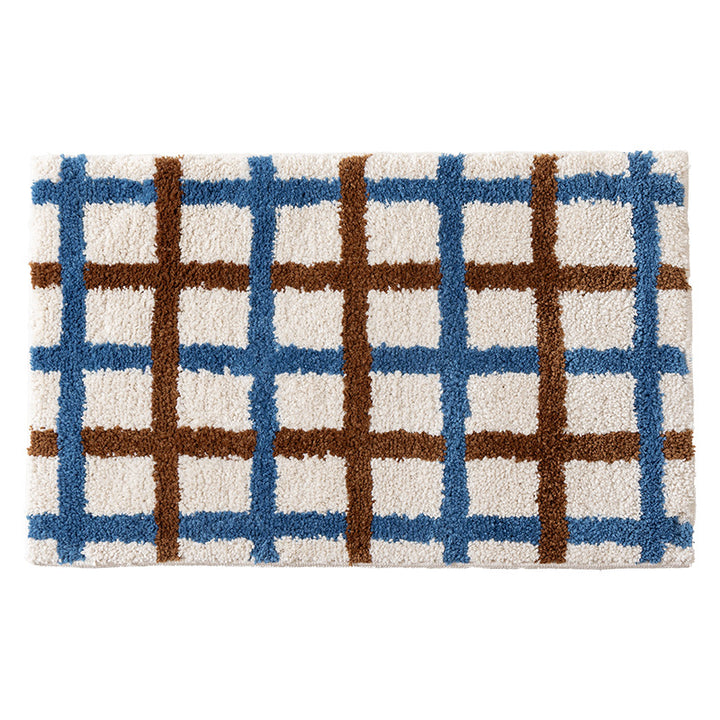 Short pile bath mat with geometric check pattern and non-slip backing