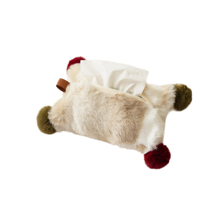 Handy tissue storage made of faux fur with leather handle and pompom