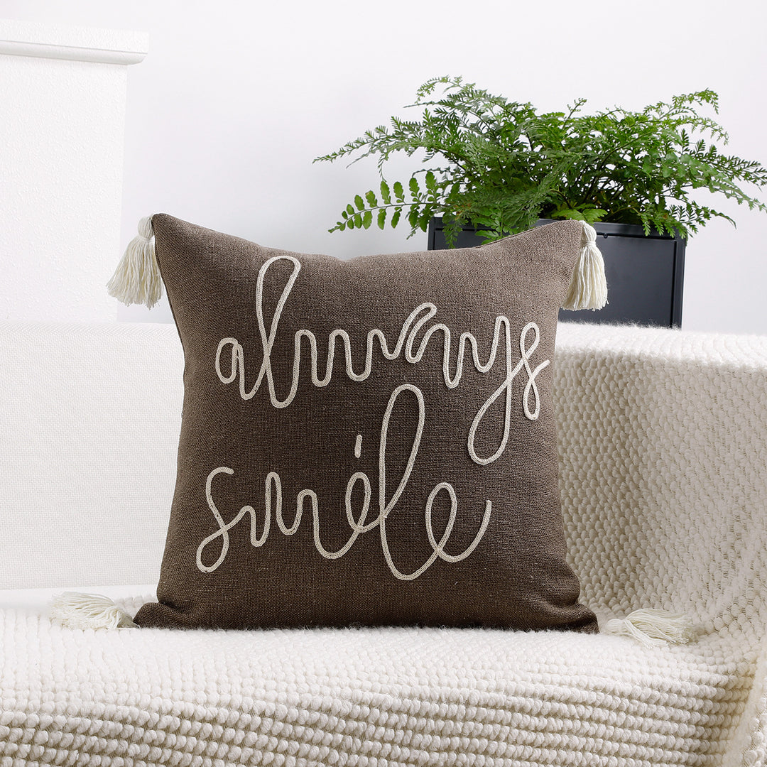 Square Linen-Blend Rope Embroidered Tassel Accent Pillow Cover